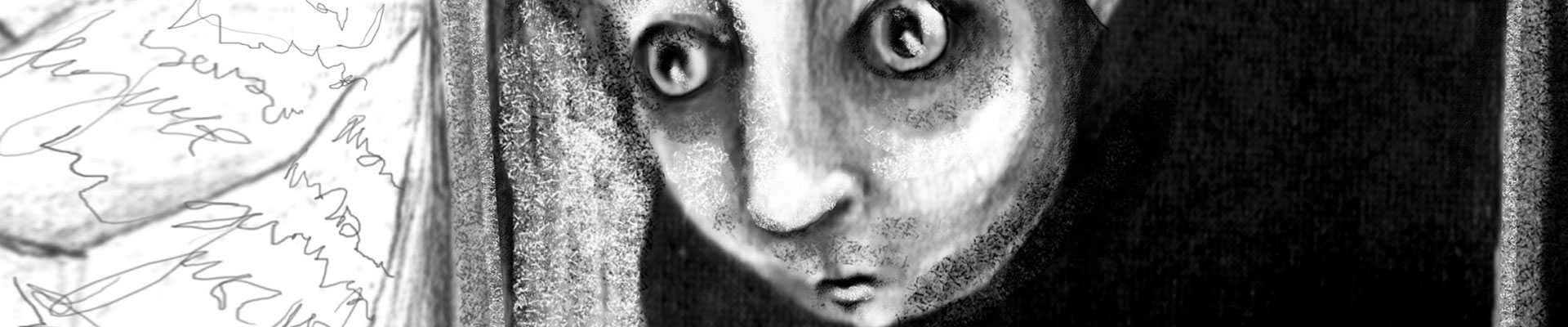 Na zdjęciu fragment ilustracji przedstawiającej tytułowego Dusioła - postać w ciemnym ubraniu, przygarbiona z wielkimi oczami. 