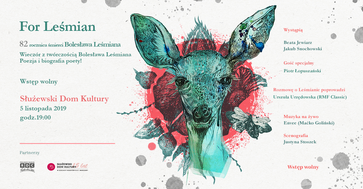 Grafika reklamowa Na grafice znajduje się kolorowa ilustracja głowy sarny koloru zielonego. Za nią, w tle motywy roślinne oraz czerwony okrąg. Oprócz grafiki napis przedstawiający tytuł wydarzenia.