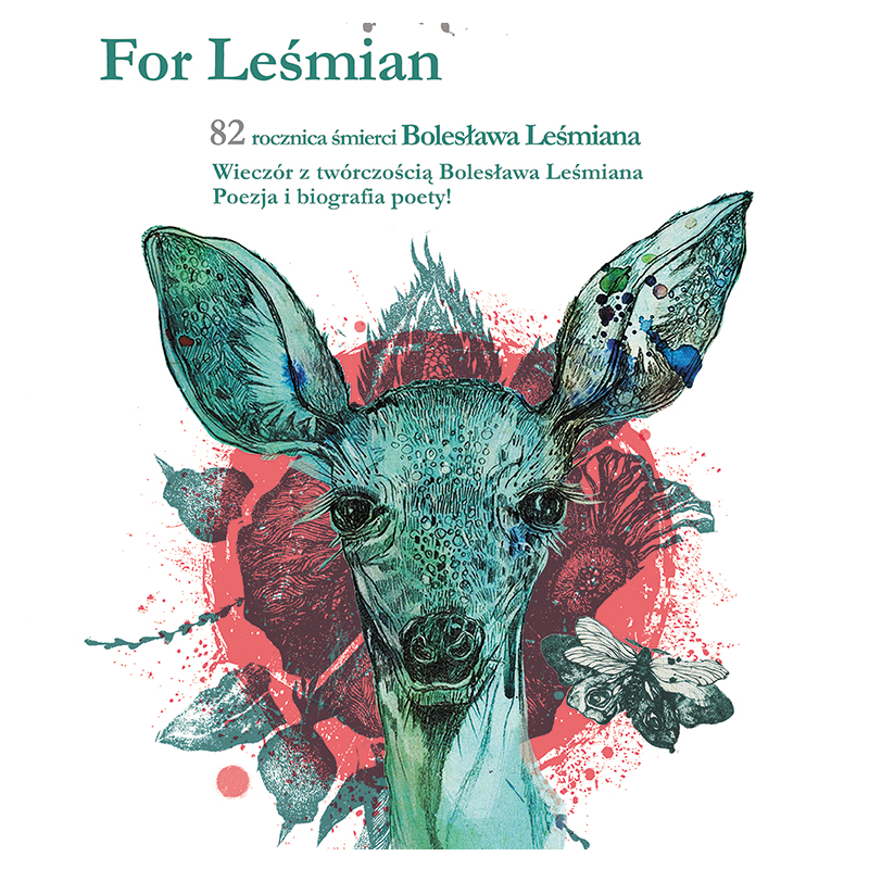 Na grafice znajduje się kolorowa ilustracja głowy sarny koloru zielonego. Za nią, w tle motywy roślinne oraz czerwony okrąg. Oprócz grafiki napis przedstawiający tytuł wydarzenia. 