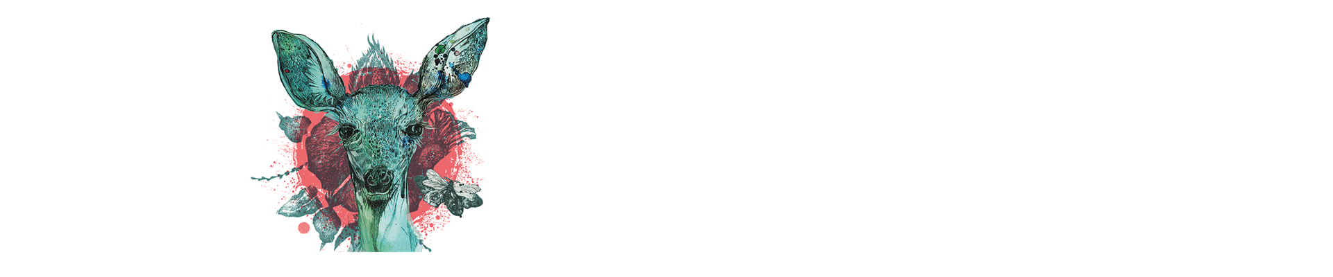 Na grafice znajduje się kolorowa ilustracja głowy sarny koloru zielonego. Za nią, w tle motywy roślinne oraz czerwony okrąg.