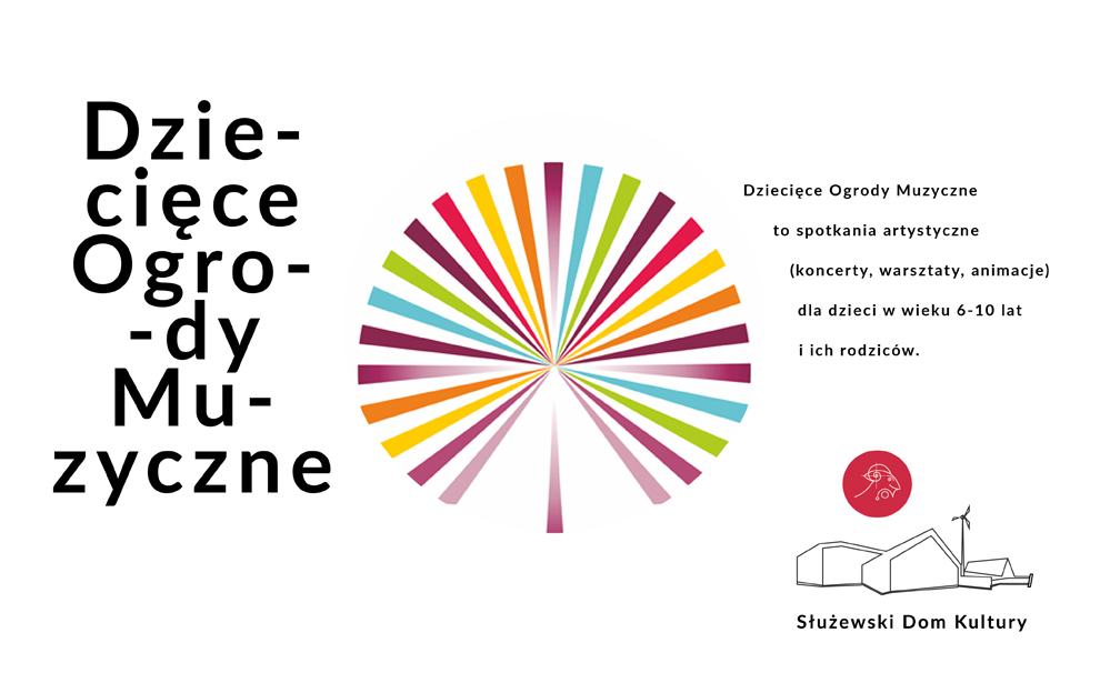 Na grafice tytuł serii koncertów (Dziecięce ogrody muzyczne) oraz dopisek "to  spotkania artystyczne dla dzieci w wieku 6-10 lat i ich rodziców. Na środku grafiki kolorowy wachlarz z różnokolorowych pasków. 