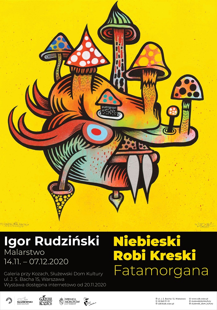 Plakat przedstawiający jeden z wystawianych obrazów (w kolorach żółci), z informacjami na czarnym tle, pod obrazem, dotyczący szczegółów wystawy (opisanych w artykule).