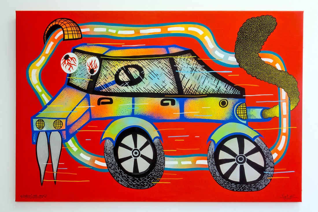 Praca przedstawia fantasmagoryczny wizerunek samochodu w kolorach tęczy z kłami z przodu maski i oczami na przedniej szybie. Z rury wydechowej wydobywa się brunatny ogon. Tło w czerwonych barwach