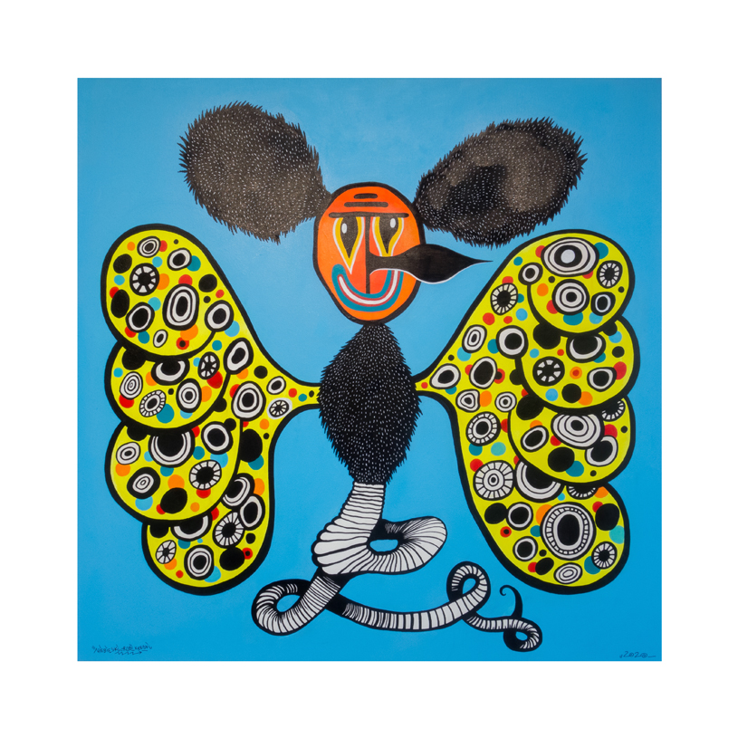 Praca przedstawia fantasmagoryczny wizerunek hybrydy węża i motyla. Skrzydła są żółte z czarno-białymi obręczami, twarz postaci przypomina maskę ludyczną. Praca na niebieskim tle.