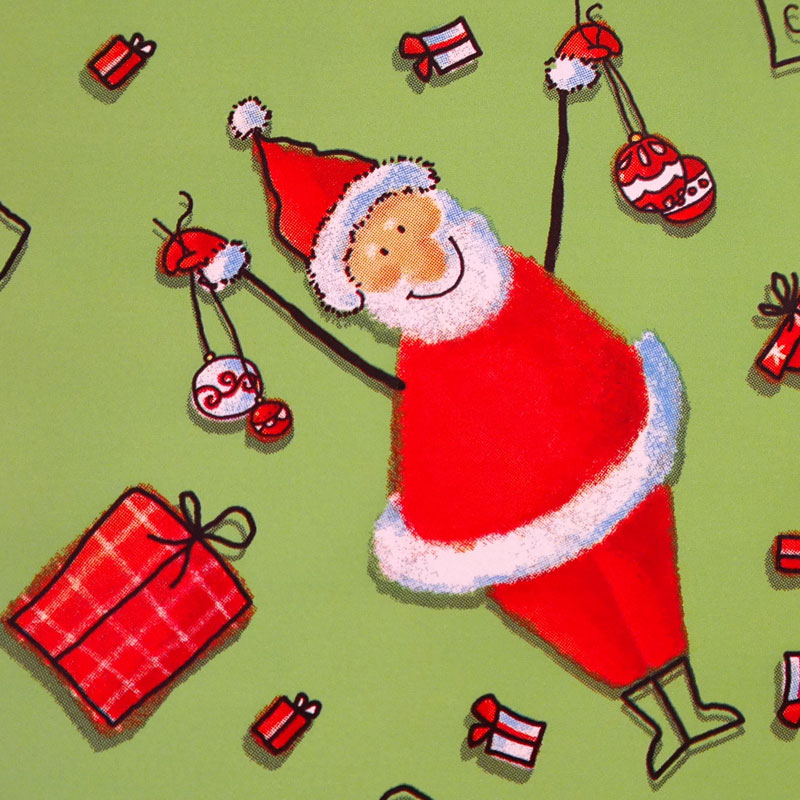 Na grafice znajduje się rysunkowy Mikołaj z prezentami oraz bombkami choinkowymi. Całość na zielonym tle. 