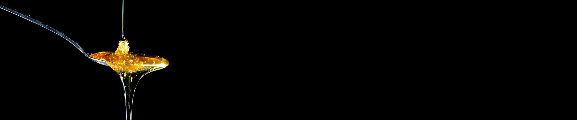 Na zdjęciu na czarnym tle znajduje się łyżka płynącego miodu. Miód spływa z łyżeczki.