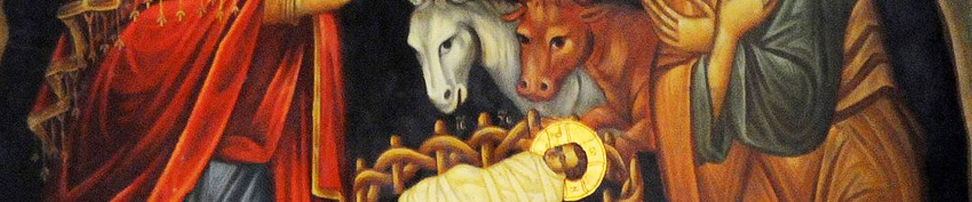 Na grafice znajduje się obraz, na którym Maryja oraz Józef kłaniają się klęcząc małemu Jezusowi w żłobie. W tle zwierzęta.