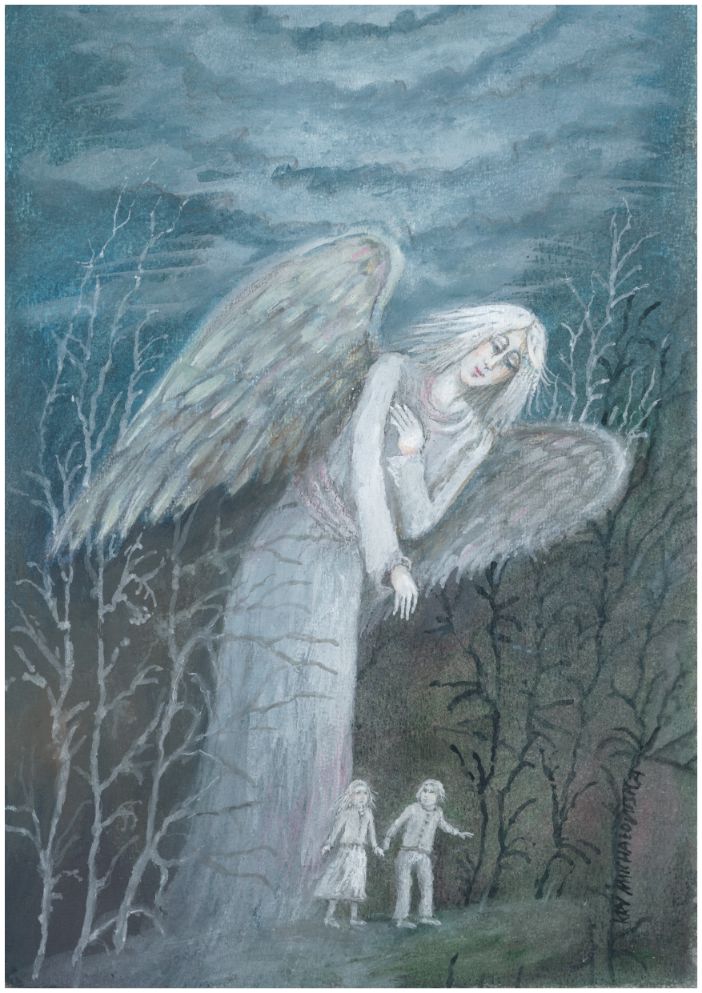 Na grafice biały anioł na niebieskoszarym tle