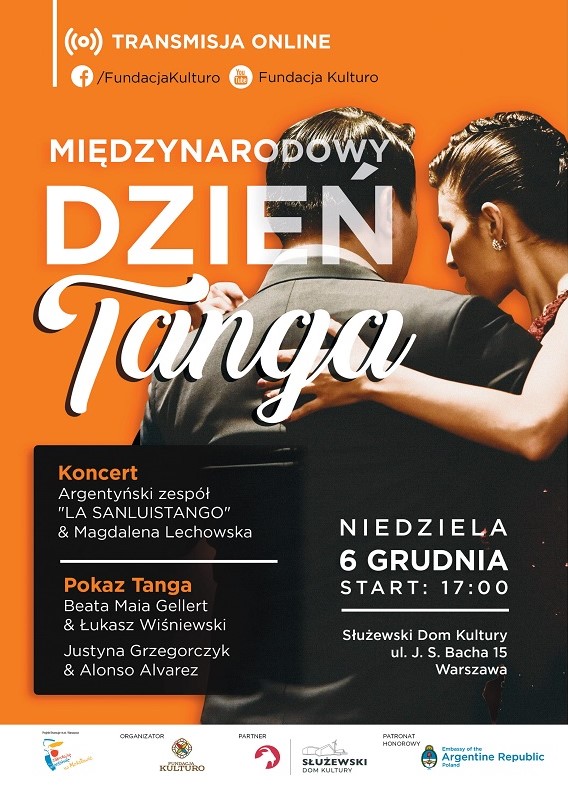 Plakat promocyjny wydarzenia. W tle para wykonująca jedną z pozycji tanga, lista informacji powtórzona w artykule.