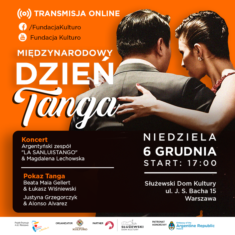 Pomarańczowa grafika prezentująca parę w jednej z pozycji tanecznej do tanga. Tło pomarańczowe ze wszystkimi informacjami powtórzonymi w artykule.