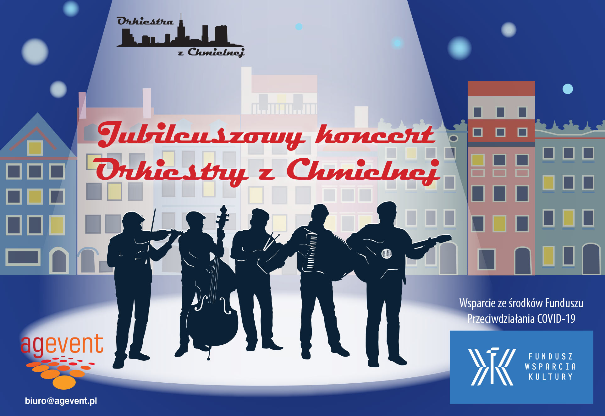 Na grafice pięciu figury 5 muzyków ulicznych z instrumentami, oświetleni górnym światłem, w tle kamienice warszawskiej starówki nocą. Na środku napis zgodny z tytułem artykułu, na dole logotypy..