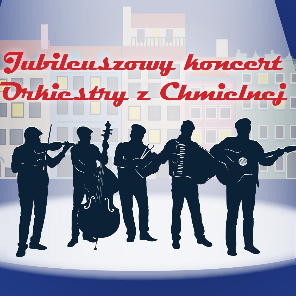 Na grafice pięciu figury 5 muzyków ulicznych z instrumentami, oświetleni górnym światłem, w tle kamienice warszawskiej starówki nocą. Na środku napis zgodny z tytułem artykułu.