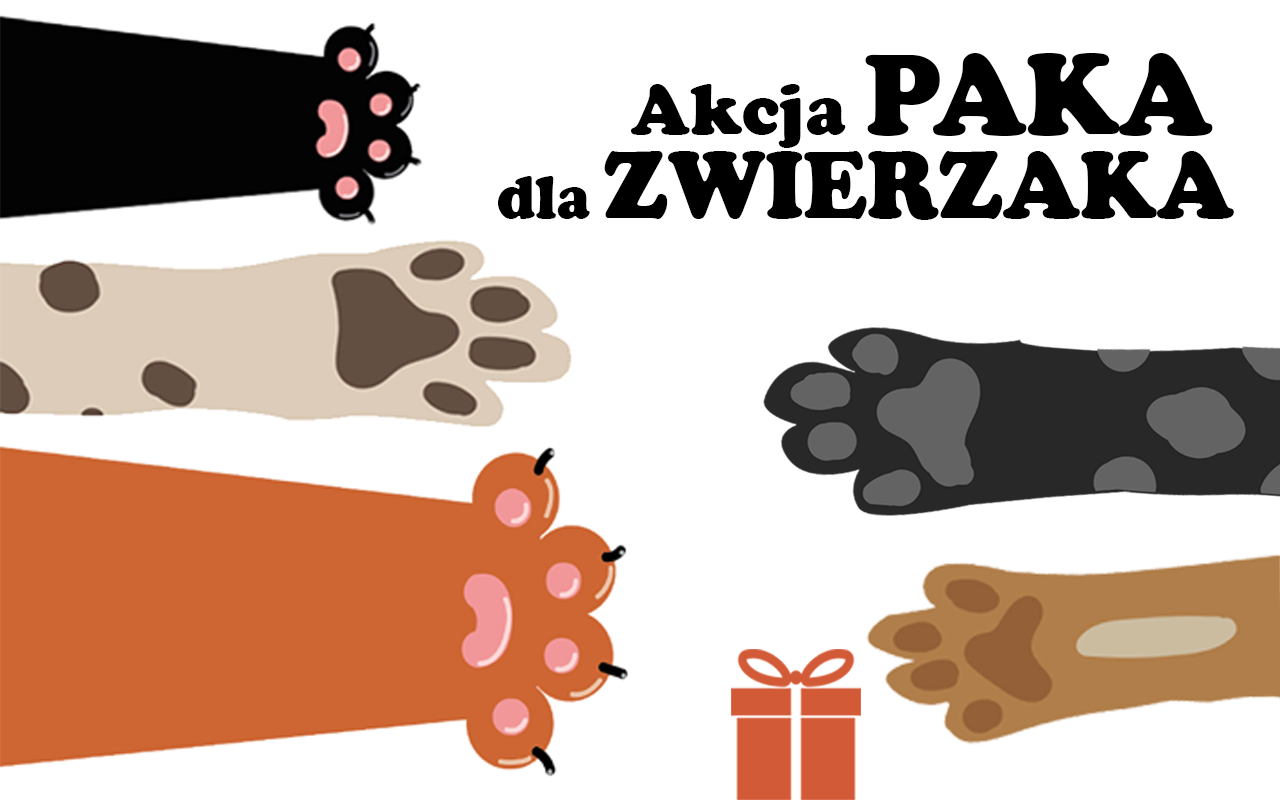 Grafika pozioma z 5 łapami różnych zwierząt, wyciągnietych w geście zgłoszenia się do akcji, chęci pomocy. W dolnej części grafiki widać ikonę prezentu a u góry - nazwa akcji.