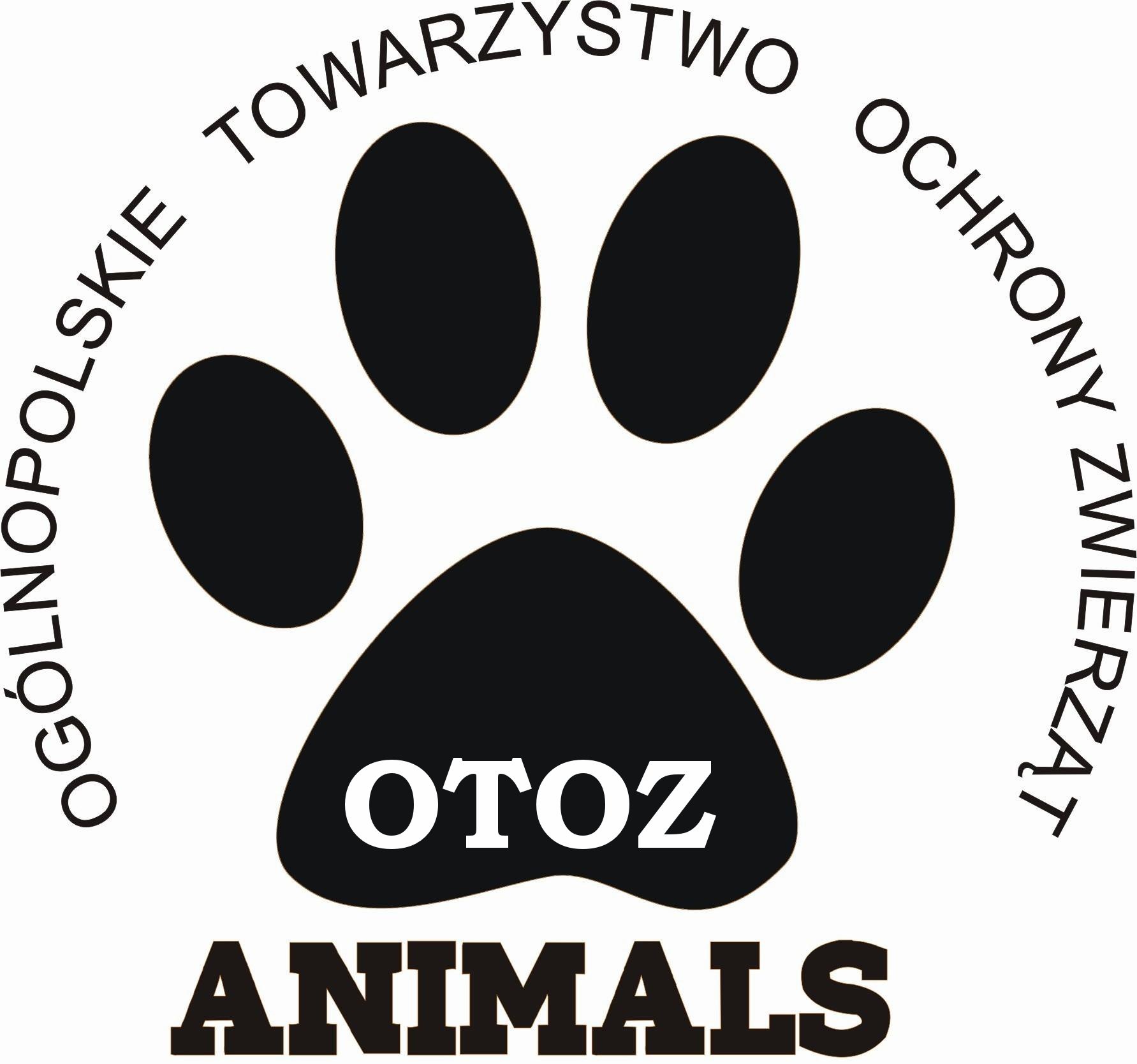 Logo Ogólnopolskiego Towarzystwa Ochrony Zwierząt - w środku odbita czarna łapa psa, na dole skrót organizacji, dookoła loga rozwinięcie nazwy.