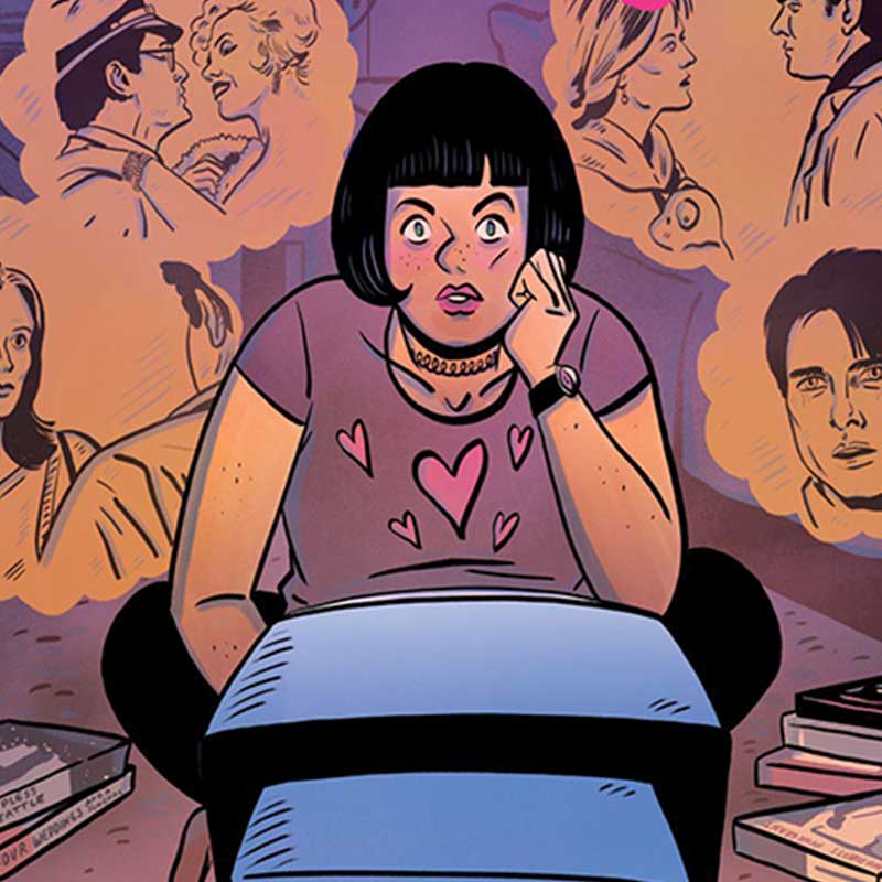 Fragment plakatu  "Komedia Romantyczna". Grafika w stylu komiksu: kobieta siedząca na podłodze po turecku przed telewizorem, obok niej książki. Nad jej głową dymki myśli. W dymkach postacie.