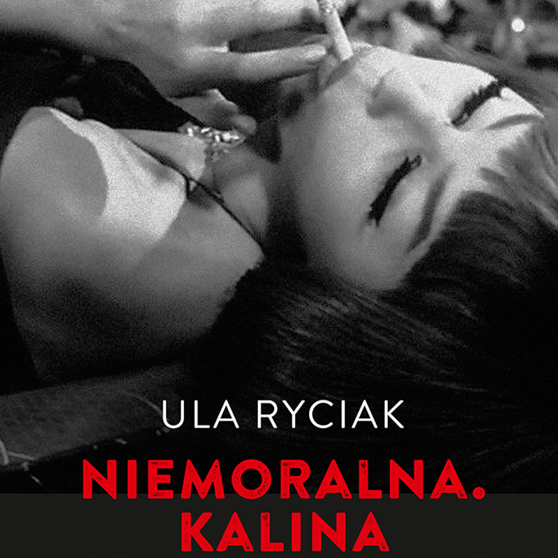 Na czarnym tle tytuł książki i autorka. Na zdjęciu prześwituje wizerunek Kaliny Jędrusik